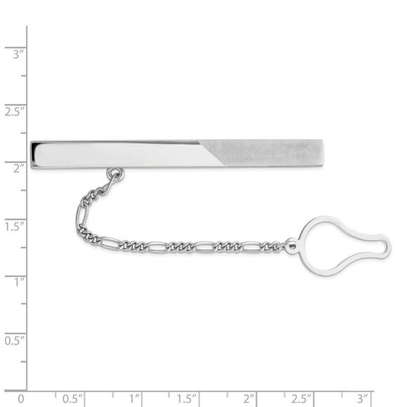 Rhodium Plated Sterling Silver Polished & Brushed Button Chain Tie Bar - Picture 2 of 3